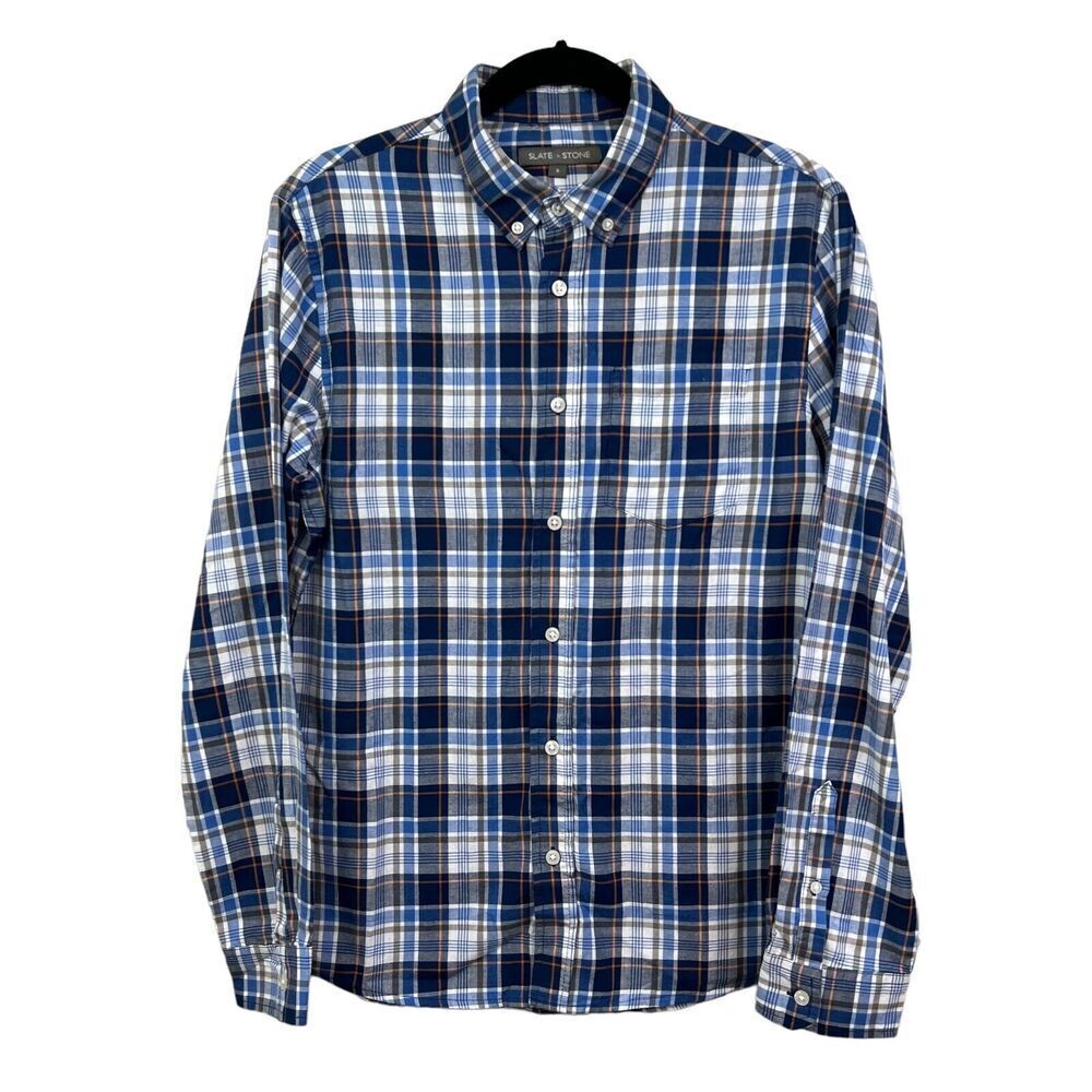Slate & Stone Button Down Plaid Shirt Long Sleeves Blue White Orange Men Size S*